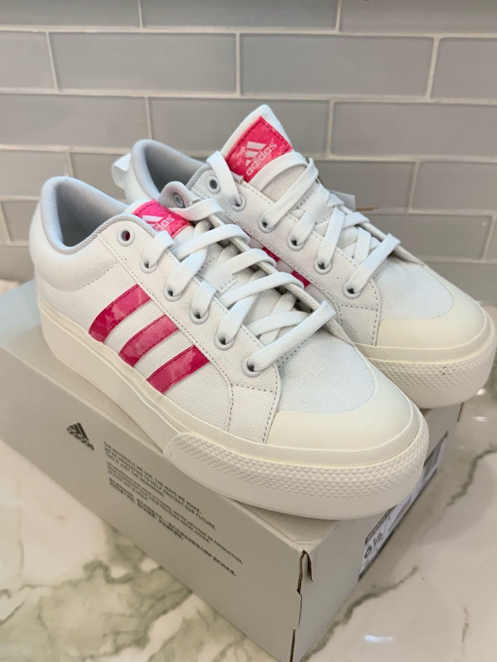 Adidas Women's White Canvas Platform Sneakers with Pink Stripes, Sz. 6 1/2